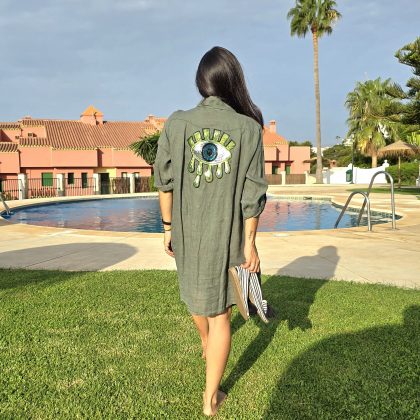 Vestido de Lino caki con logo ojo turco verde brillante
