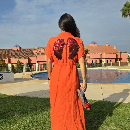 Vestido de Lino ajustable naranja con alas naranja oscuro brillante