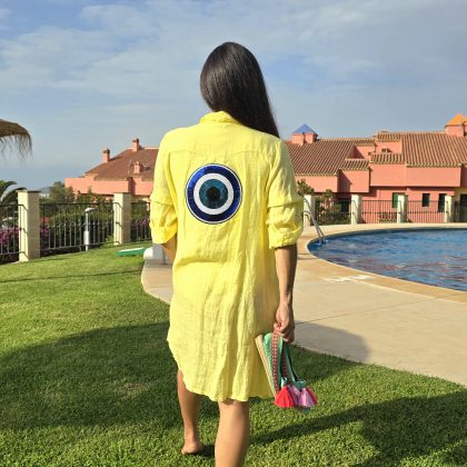 Vestido de Lino amarillo neón con logo ojo turco brillante