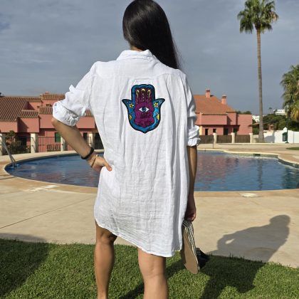 Vestido de Lino blanco con logo mano de fátima brillante