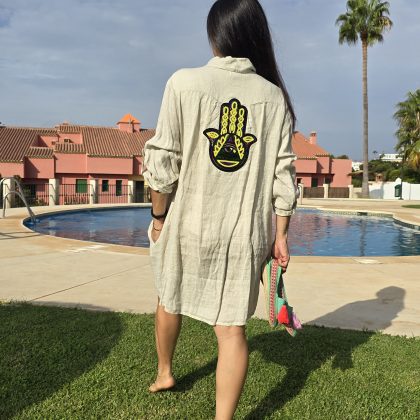Vestido de Lino beige claro con logo mano de fátima brillante