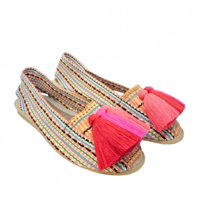 Alpargata multicolor naranja con borlas rosa roja amanecer