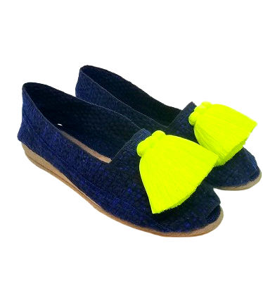 Alpargata multicolor azul índigo con borlas amarillo neón