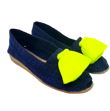 Alpargata multicolor azul índigo con borlas amarillo neón
