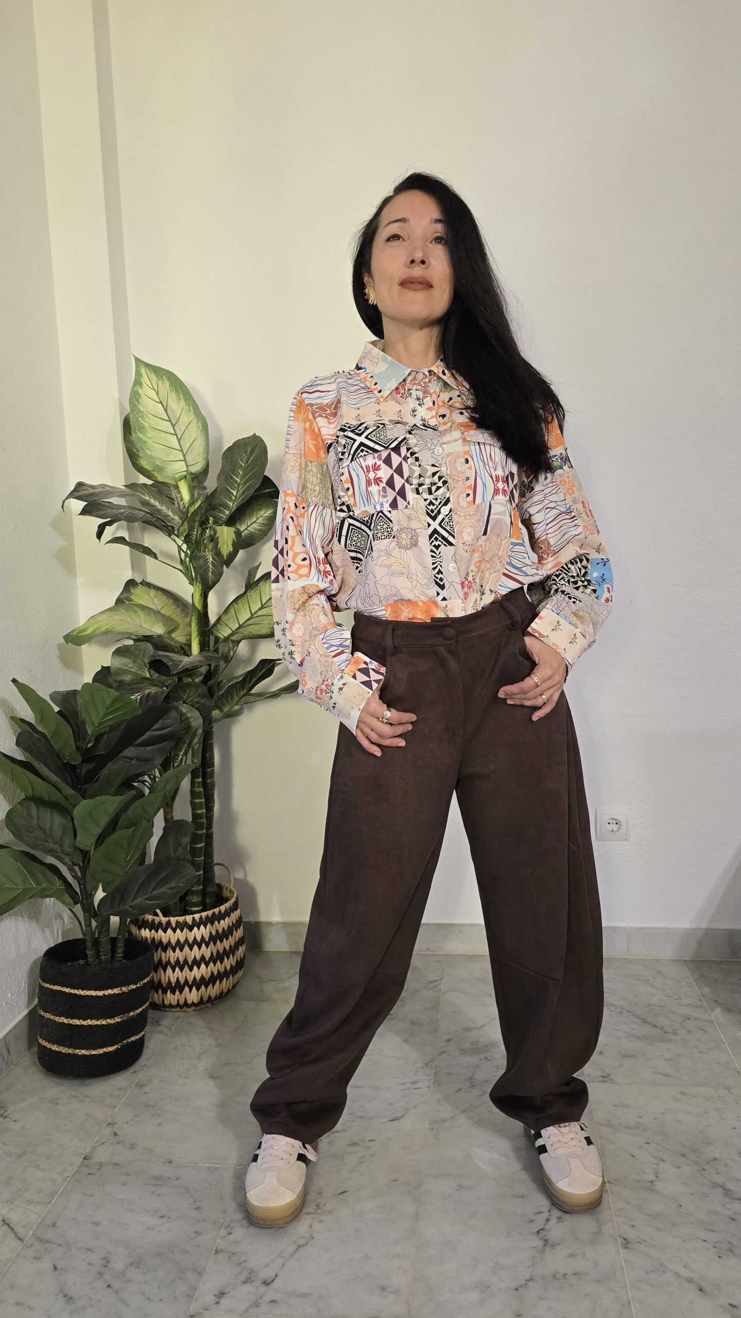 Camisa multicolor tierra manga larga mujer estampado boho