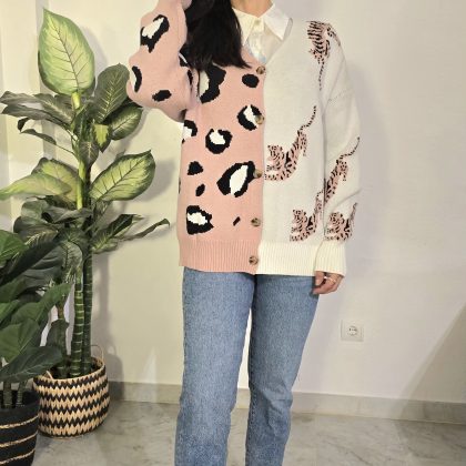 Chaqueta rosa blanca tejido suave mujer leopardo