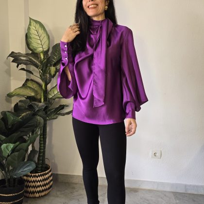 Camisa violeta lazo manga larga mujer