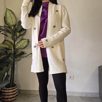 Chaqueta intervenida blanca tejido suave mujer ojo turco