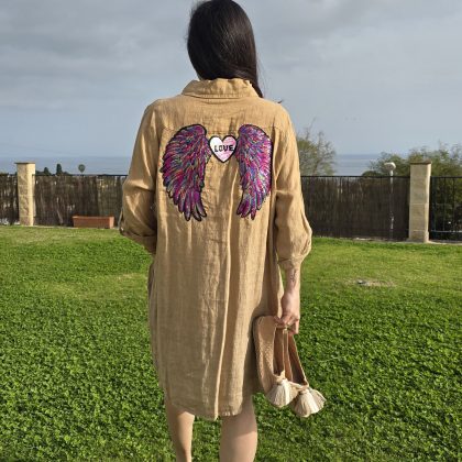 Vestido de Lino corto camel logo alas multicolor