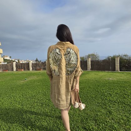 Vestido de Lino corto camel logo alas doradas