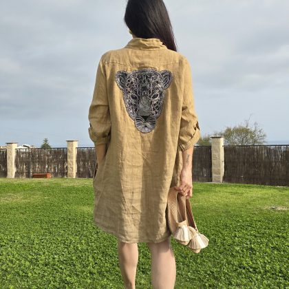Vestido de Lino corto camel logo pantera negra