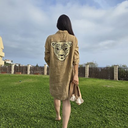 Vestido de Lino corto camel logo pantera beige