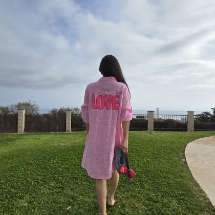 Vestido de Lino corto rosado logo love