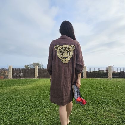 Vestido de Lino corto chocolate logo pantera beige