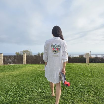 Vestido de Lino corto blanco logo leopardo fierce