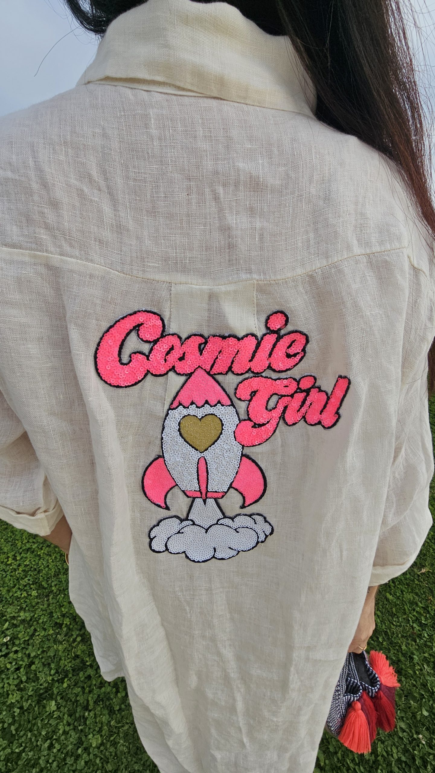Vestido de Lino corto blanco roto logo cosmic girl - Imagen 3