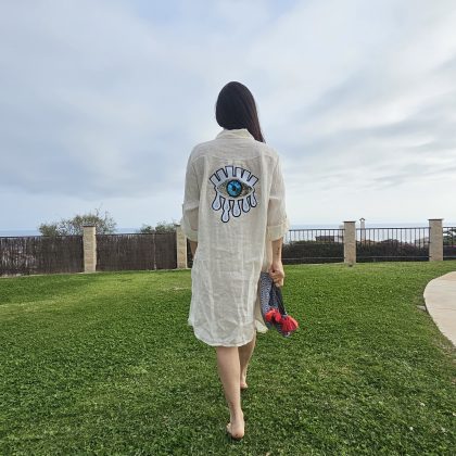 Vestido de Lino corto blanco roto logo ojo turco blanco