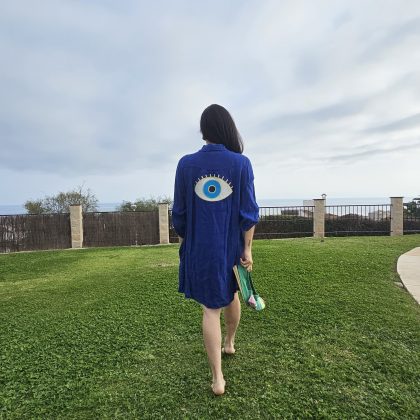 Vestido de Lino Azul rey corto logo ojo turco