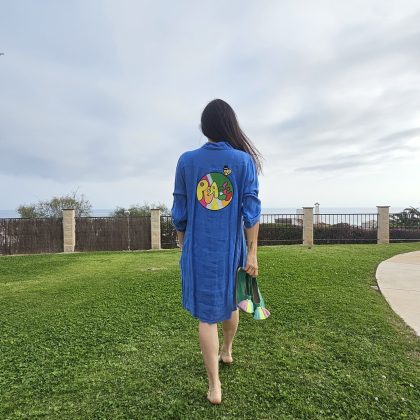 Vestido de Lino Azul corto logo peace