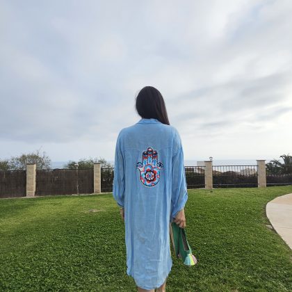 Vestido de Lino Azul claro corto logo mano de Fatima