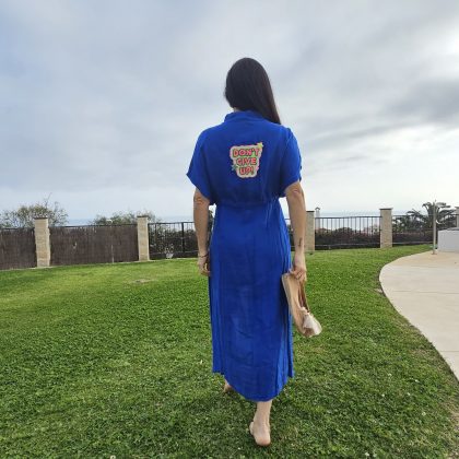 Vestido de Lino ajustable azul rey con logo don't give up