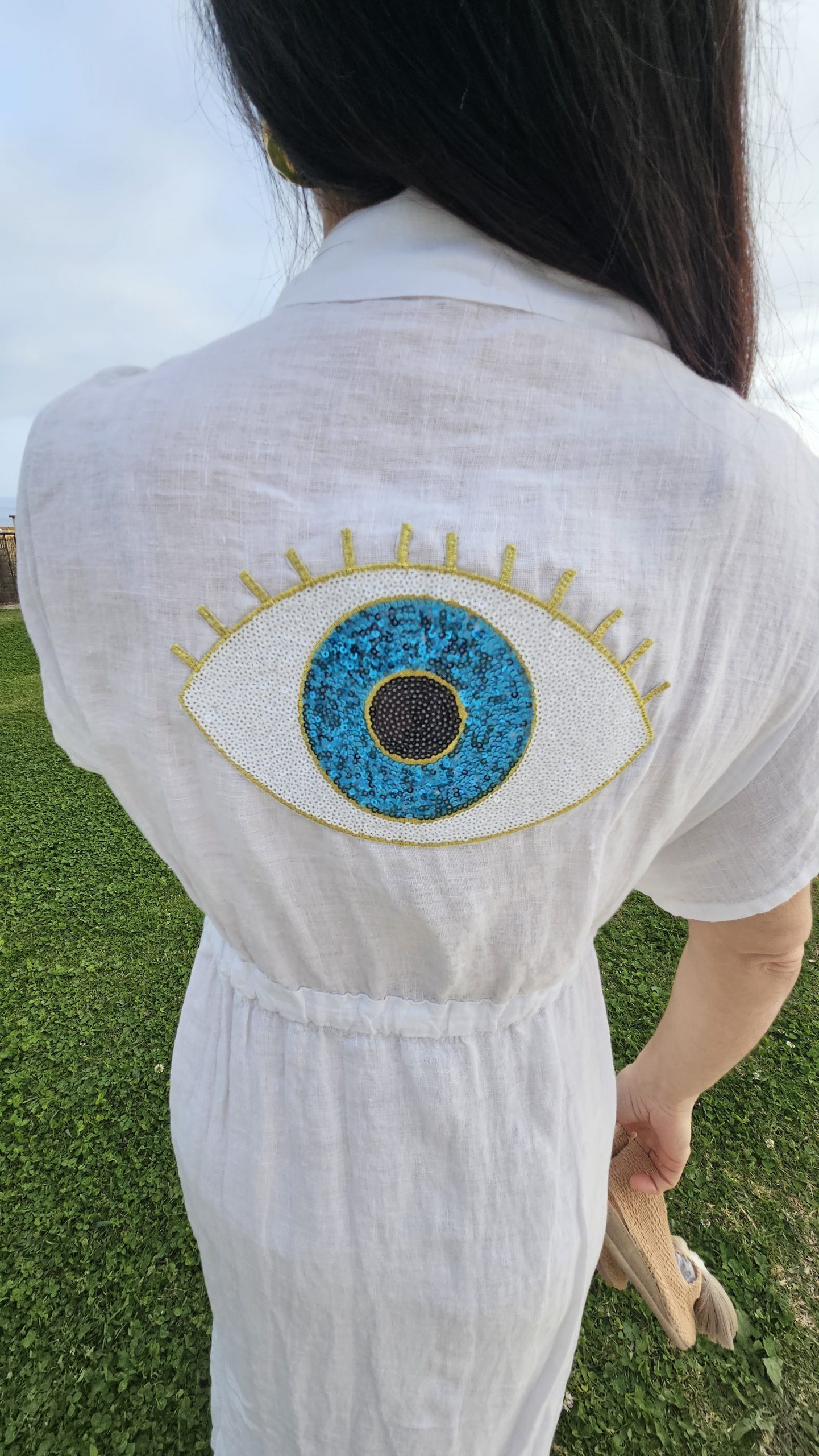 Vestido de Lino ajustable blanco logo ojo turco - Imagen 3