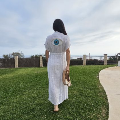 Vestido de Lino ajustable blanco logo ojo turco