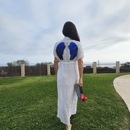 Vestido de Lino ajustable blanco logo alas azules pequeñas
