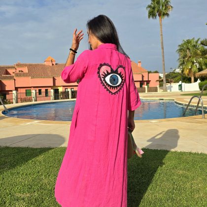 Vestido de Lino rosado logo ojo turco corazón fucsia