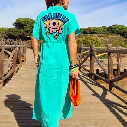 Vestido de Lino ajustable verde logo ojo pop