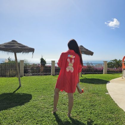 Vestido de Lino corto rosado logo conejo punk